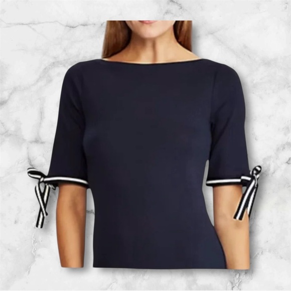Lauren Ralph Lauren Tops - Lauren Ralph Lauren Navy Blue Top White Ribbon Tie Accents Short Sleeve Size L